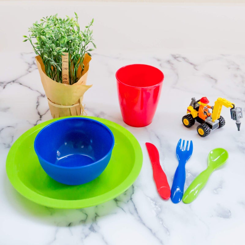 Youngever 54 Pcs Plastic Kids Dinnerware Set of 9 in Assorted Colors, Toddler Dining Set, Cups, Plates, Bowls, Flatware Set, Dishes - Image 4
